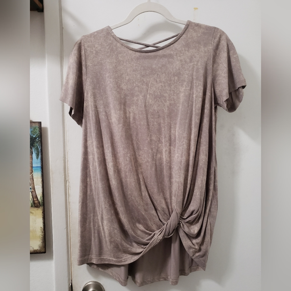 Small, beige acid wash tunic.  Criss-cross in the back.